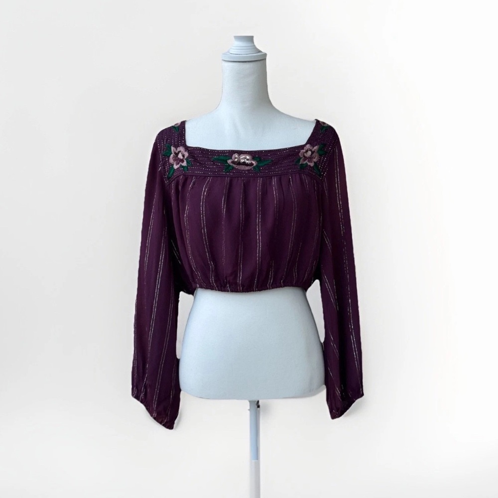 Free People Embroidered Beaded Crop Top Boho Folk Peasant Long Sleeve M FLAWED